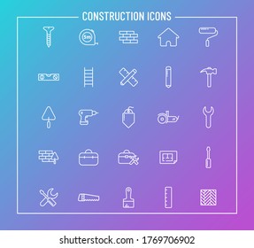 construction outline vector icons on color gradient background. construction icon set for web design and user interface design, mobile apps and print products