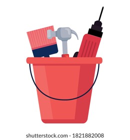 construction paint brush hammer and drill in bucket design of working maintenance workshop and repairing theme Vector illustration