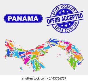 Construction Panama map and blue Offer Accepted textured seal stamp. Colorful vector Panama map mosaic of equipment units. Blue round Offer Accepted seal.