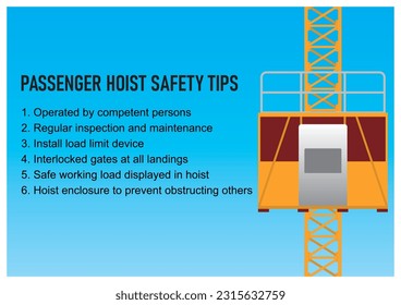Construction passenger hoist safety tips vector illustration. Banner and poster design for safety campaign.
