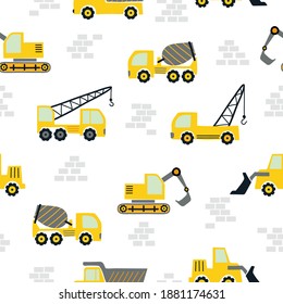 Construction pattern with cartoon yellow trucks. Vector seamless machine background for kids.