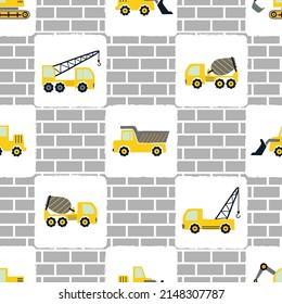 Construction pattern with cartoon yellow trucks. Vector car background for kids.