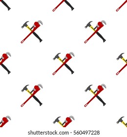 Construction pattern. Hammer, wrench, spanner in flat vector style.
