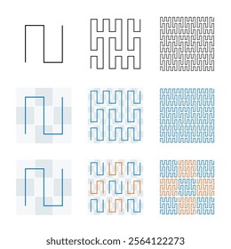 Construction of a Peano curve, a space-filling curve. A square divided into 9 equal squares is traversed by an S-curve. Each of the squares is divided again, traversed in S-curves and then connected.