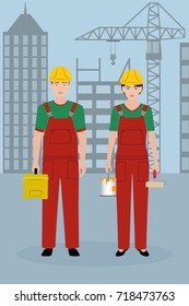Construction people characters. Couple of workers in overalls on a cityscape background. Vector illustration.