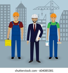 Construction people. Engineer in suit with drawings and couple of workers in overalls on a cityscape background. Vector illustration.