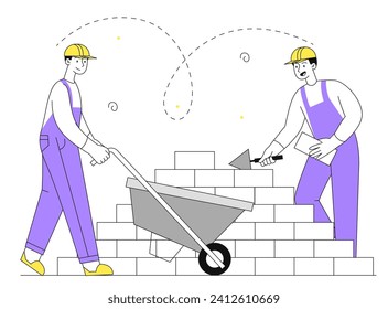 Construction people linear concept. Two men in protective yellow hats with bricks. Team of builders with spatulas. Engineers and workers. Doodle flat vector illustration isolated on white background