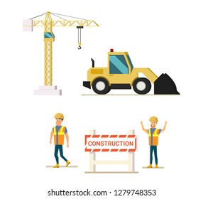 Construction People and Machinery Flat Vector Icon Set Isolated on White Background. Construction Tower Crane, Bulldozer, Builders or Site Workers in Reflective Vest and Helmets Behind Warning Fence