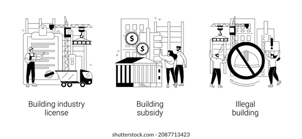 Construction permit abstract concept vector illustration set. Building industry license, government grant and subsidy, illegal construction, home financing, new house, demolition abstract metaphor.