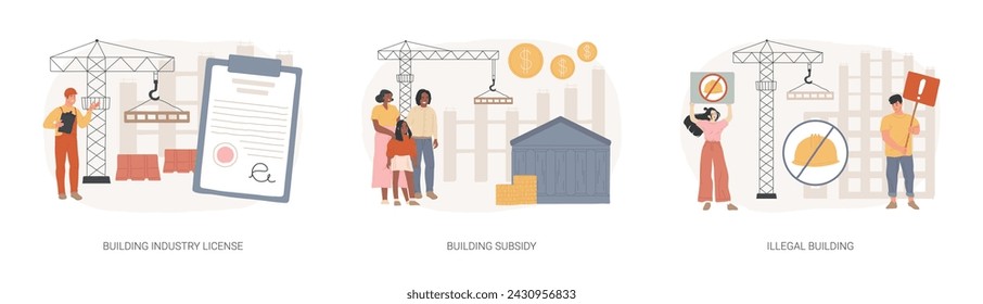 Construction permit isolated concept vector illustration set. Building industry license, government grant and subsidy, illegal construction, home financing, new house, demolition vector concept.