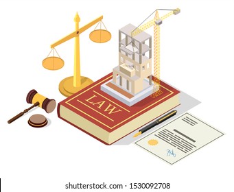 Construction permit vector concept illustration. Isometric juridical symbols Law book, scales of justice, gavel, building permit. Permission for building construction.