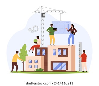 Construction of personal residence and house according to project. Team of builders, engineers and architects building family cottage, construction crane carrying blueprint cartoon vector illustration