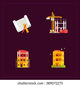 Construction Phases Of Building. Vector Icon Set. 