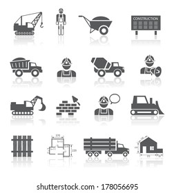 Construction pictograms collection of worker industrial vehicles and blueprint isolated vector illustration