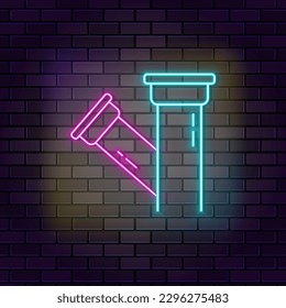 Construction, pipe, pipeline neon icon brick wall and dark background.