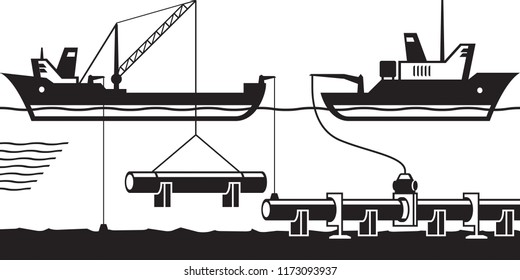 Construction of pipeline on bottom of sea - vector illustration