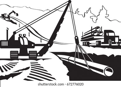 Construction Of Pipeline Through Mountain - Vector Illustration