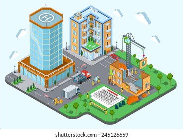 Construction place in the city concept. Modern trendy flat 3d isometric infographic. Street buildings and unfinished public house, bricks, builders, crane, van, architecture plan, boxes, materials.