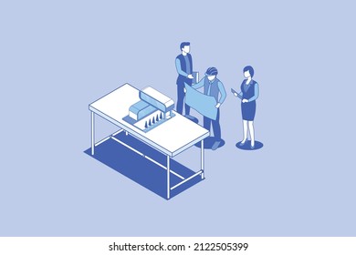 construction plan concept with team read analyze blueprint development with outline isometric style