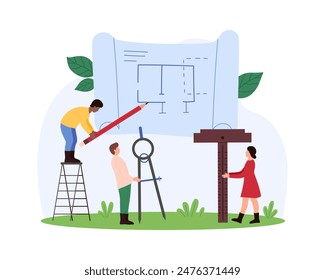 Construction plan development process, city architecture. Tiny people with pencil, caliper and ruler drawing sketch draft, architect and engineer develop building project cartoon vector illustration