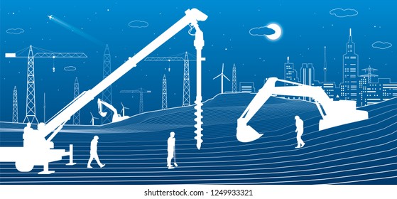 Construction plant. People working. Industry machinery, cranes and bulldozers. Infrastructure urban buildings illustration. Vector design art
