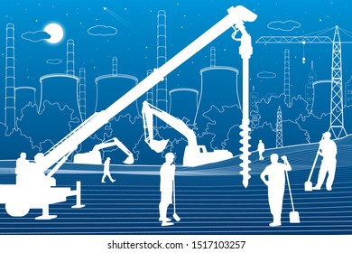 Construction plant. People working. Industry machinery, cranes and bulldozers. Infrastructure urban buildings illustration. Vector design art