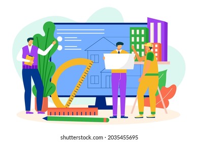 Plataforma de construcción en línea, ilustración vectorial. El ingeniero habla con el trabajador del edificio en uniforme. Gráfico de arquitectura en el equipo