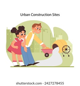 Construction playtime warning. Two curious children observing concrete mixer, mimicking work at urban construction site, unaware of potential dangers around them. Preventing injuries. Flat vector