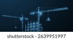 Construction. Polygonal wireframe building under crune on dark blue night sky with dots, stars. Construction, development, architecture or other concept illustration or background