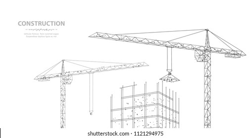 Construction. Polygonal wireframe building under crune isolated on white. Drawing, graphics. Construction, development, architecture or other concept illustration or background