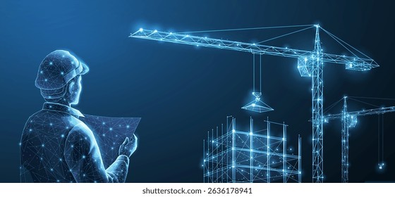 Construction. Polygonal wireframe building under crune on dark blue night sky with dots, stars. Construction, development, architecture or other concept illustration or background