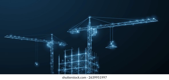 Construction. Polygonal wireframe building under crune on dark blue night sky with dots, stars. Construction, development, architecture or other concept illustration or background
