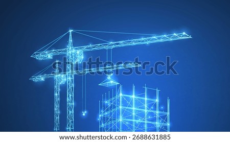 Construction. Polygonal wireframe building under crune on dark blue night sky with dots, stars. Construction, development, architecture or other concept illustration or background