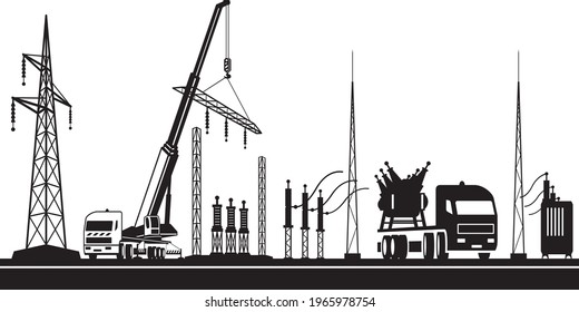 Construction Of Power Grid Substation – Vector Illustration