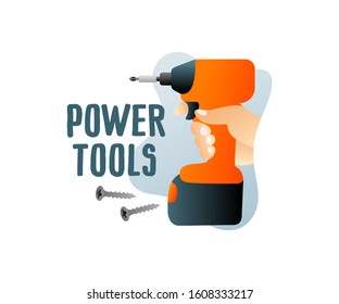 Construction power tools and cordless tools with screws, illustration and logo design. Holds in hand cordless electric screwdriver, contractor and builder, vector design