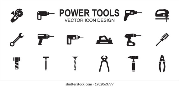 construction Power tools related vector icon user interface graphic design. Contains such icons as grinder, driller, impact drill, demolition, jig saw, wrench, cordless, plane, planer, hammer, plier