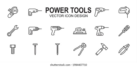 construction Power tools related vector icon user interface graphic design. Contains such icons as grinder, driller, impact drill, demolition, jig saw, wrench, cordless, plane, planer, hammer, plier