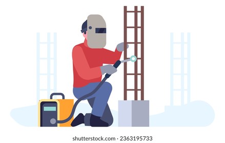 Construction process. Builder works with weld equipment. Repairman welding metal armature. Man in helmet mask. Industrial worker. Professional welder. Repair occupation