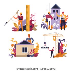 Construction process and building, architectural project isolated icons vector. Divider and ruler, apartment and private houses, industrial crane. Teamwork, industrial engineering, city constructing