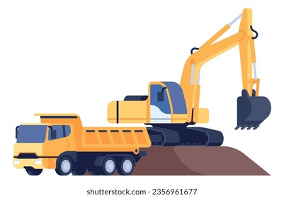 Construction process. Excavator and truck. Machinery digging architecture foundation. House building. Heavy vehicles. Digger excavating ground and loading into lorry