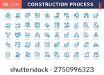 Construction Process Icon Set. Construction Contractor, Site Supervision, Project Planning, Blueprint Review, Building Foundation and more. blue style vector icons collection.