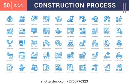 Construction Process Icon Set. Construction Contractor, Site Supervision, Project Planning, Blueprint Review, Building Foundation and more. blue style vector icons collection.