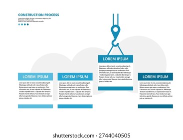  Construction process infographic template with crane lifting block, blue line vector
