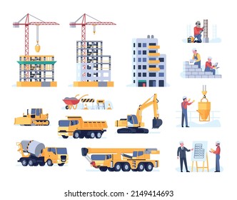 Construction process. Machines and technics. Architect, welder and builder. Unfinished house. Crane or excavator. Building transport. Concrete mixer. Vector housing svg