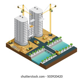 Construction Process Of Many Storeyed Modern Building Near Canal Composition On White Background Isometric Vector Illustration