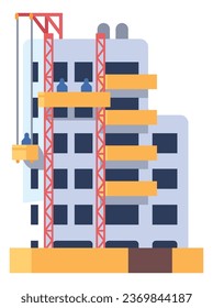 Proceso de construcción. Edificio residencial. Grúa de elevación de grúas industriales. Arquitectura de la ciudad. Exterior de rascacielos. Desarrollo de la vivienda. Ingeniería inmobiliaria