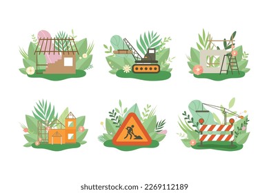 Construction process. Set of ecological house building with nature friendly construction materials cartoon vector illustration