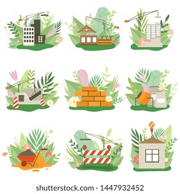 Construction Process Set, Houses under Construction, Building Equipment in Spring or Summer Season with Blooming Flowers and Leaves Vector Illustration