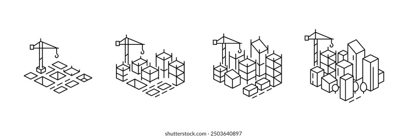 Etapa del proceso de construcción de un nuevo distrito de la ciudad moderna. Iconos vectoriales de isometría. Vector de trazo de línea de contorno editable.