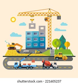 Construction. Process, Tools, And Materials: Building, Crane, Excavator, Bulldozer, Tractor, Sand, Stone, Cement. Vector Flat Illustration